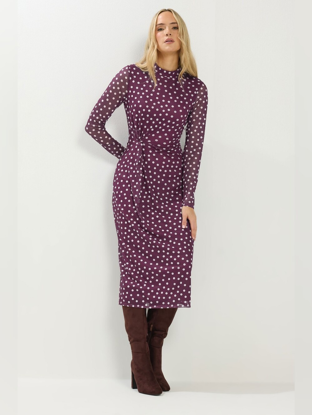 LTS Tall Berry Red Polka Dot Mesh Long Sleeve Maxi Dress